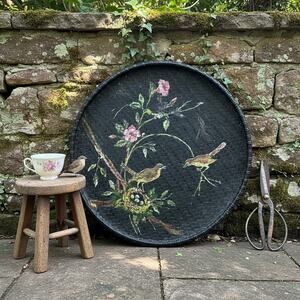 Large Hand Painted Rattan Tray-Bird-Floral-27''-Boho-Chinoiserie-Wall-Bamboo